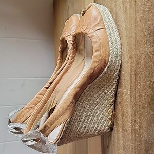 Coach Tan Espadrille Wedges with Silver Bow Accents Women's Size 11 B